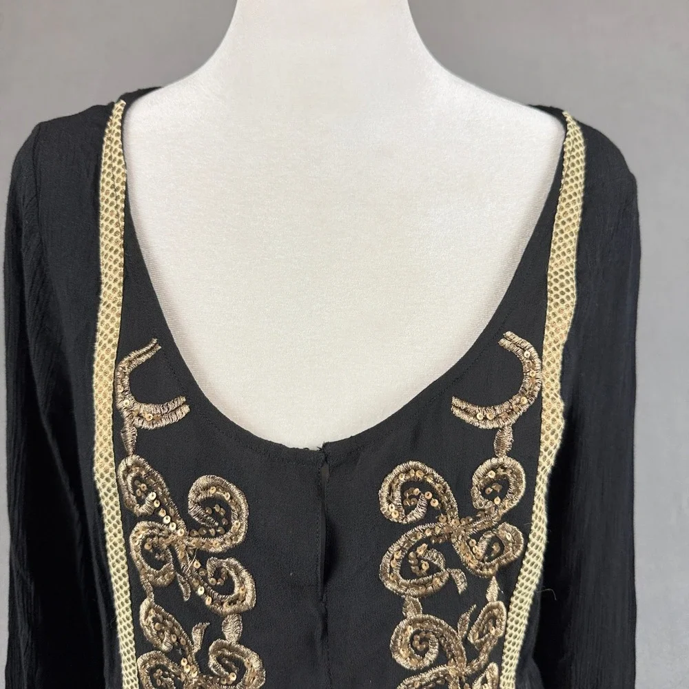 Free People Mini Dress Small Black Gold Embroidered Lace Bell Sleeve Boho Witchy